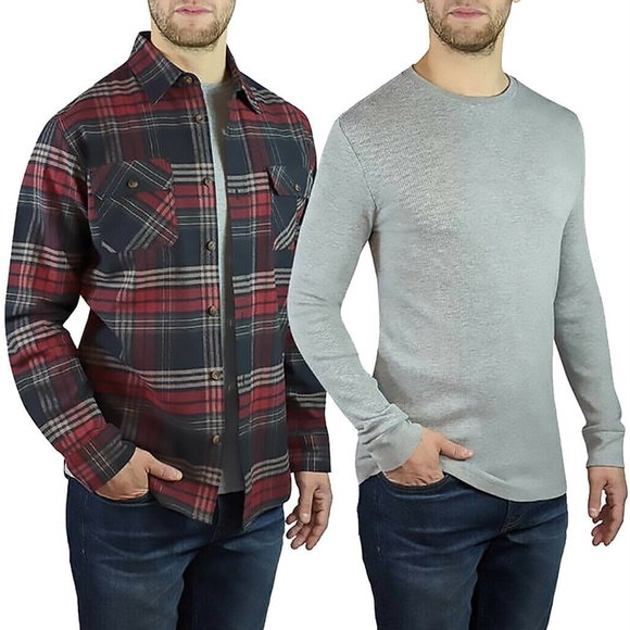 Men's Red & White Plaid Flannel Shirt - Long Sleeve Casual Button-Down Shirt With Pocket